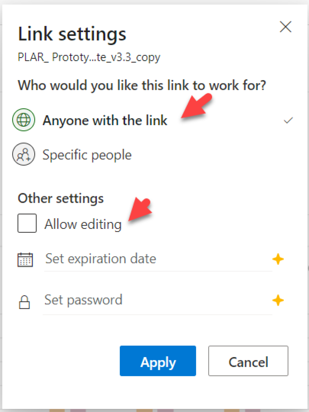 Link setting options in Excel sharing mode